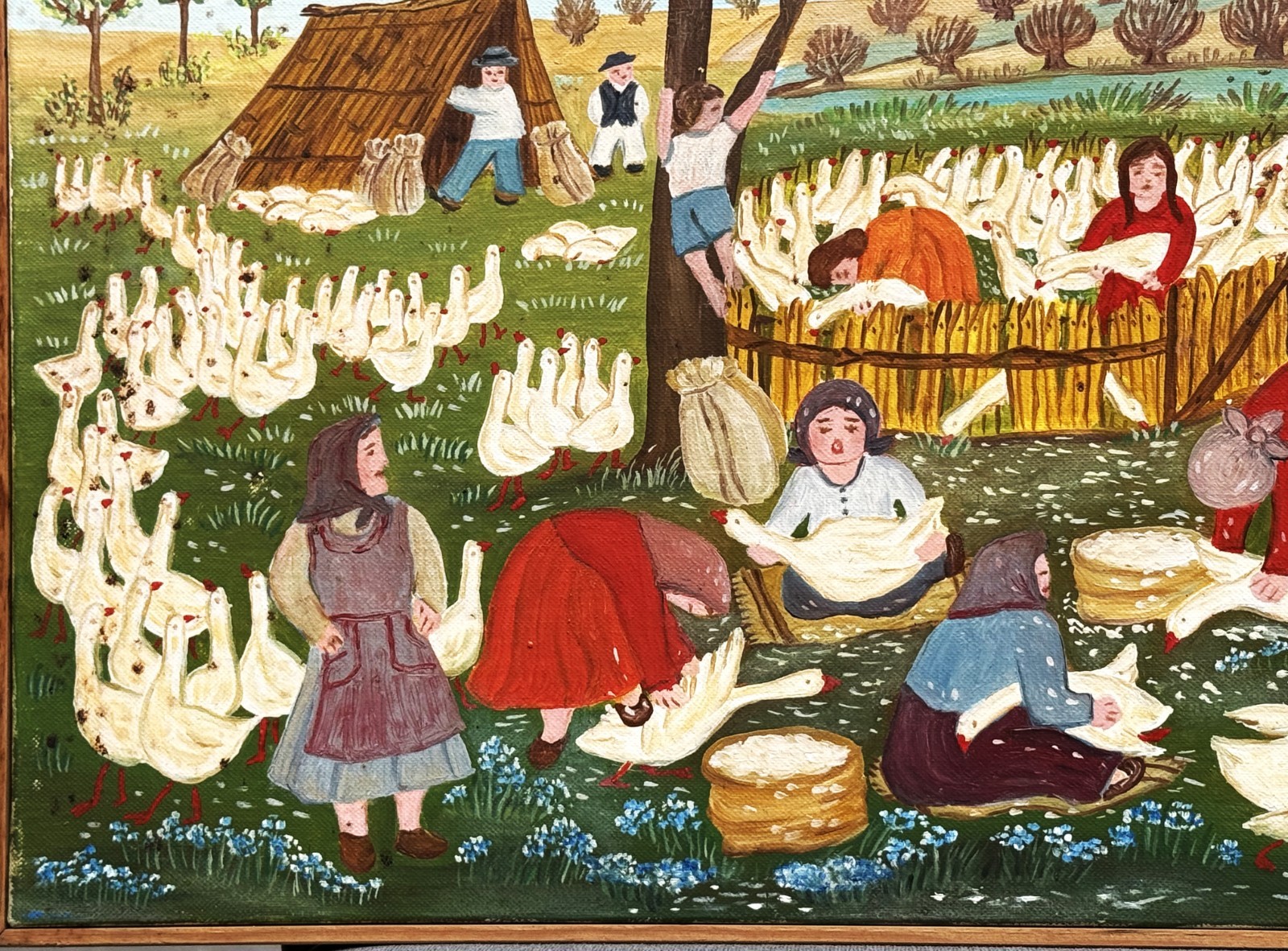 Deas Petrov-Morar (Serbian), c 2000 Naive Art Lively Communal Scene O/C, Signed!