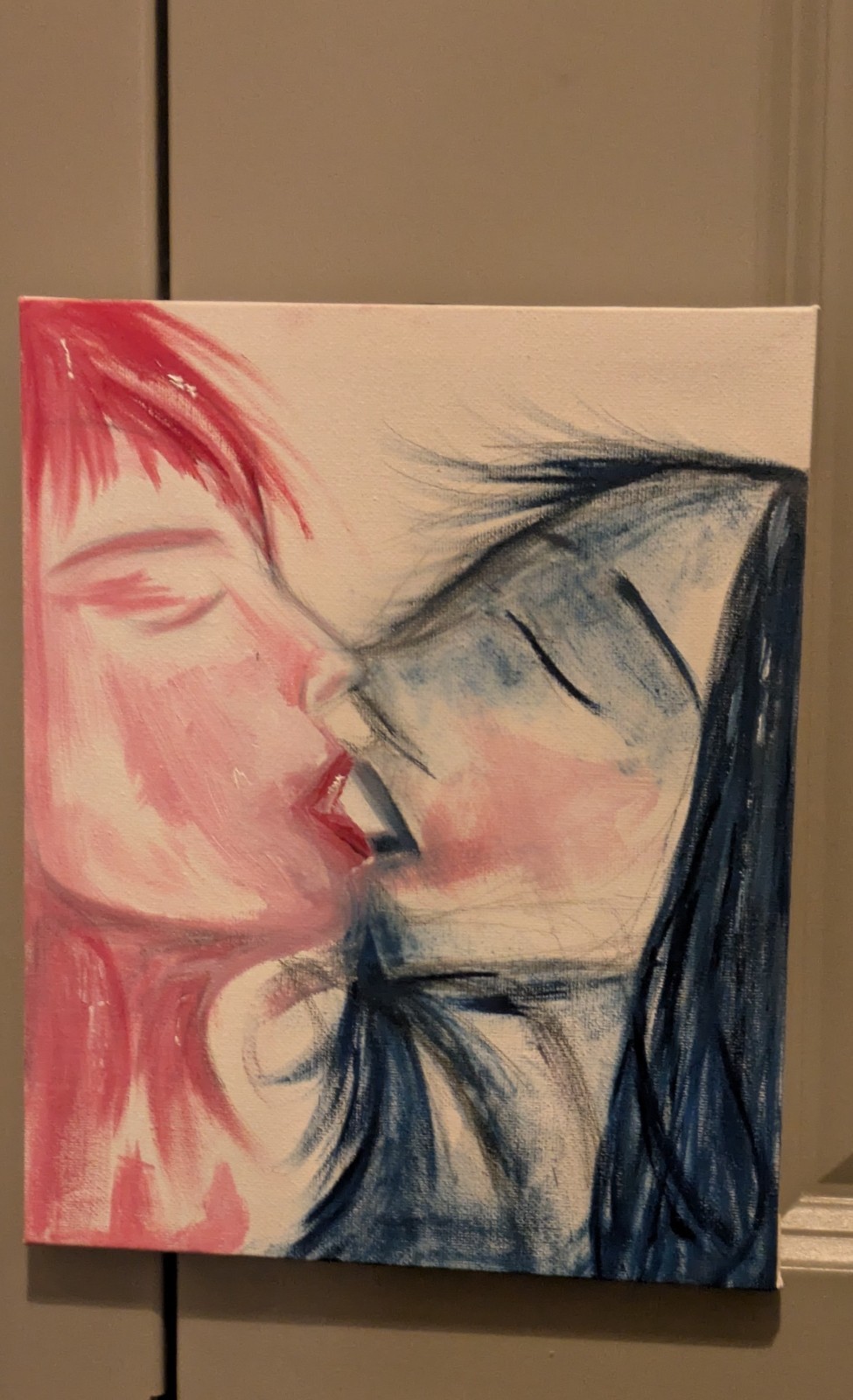 Original Gouache Canvas Painting, Red Blue Lesbian Handcrafted Art