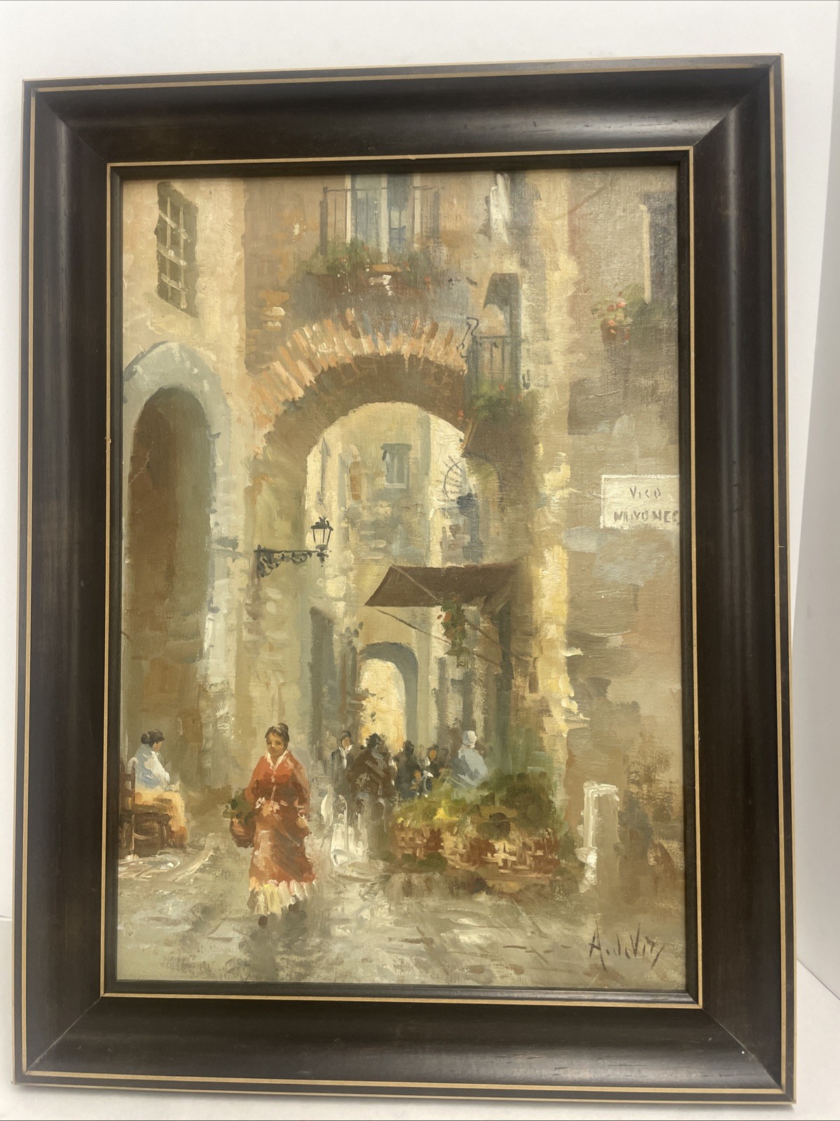 Original Mid-Century Antonio De City Oil Painting/ Italian Street Scene 14×20