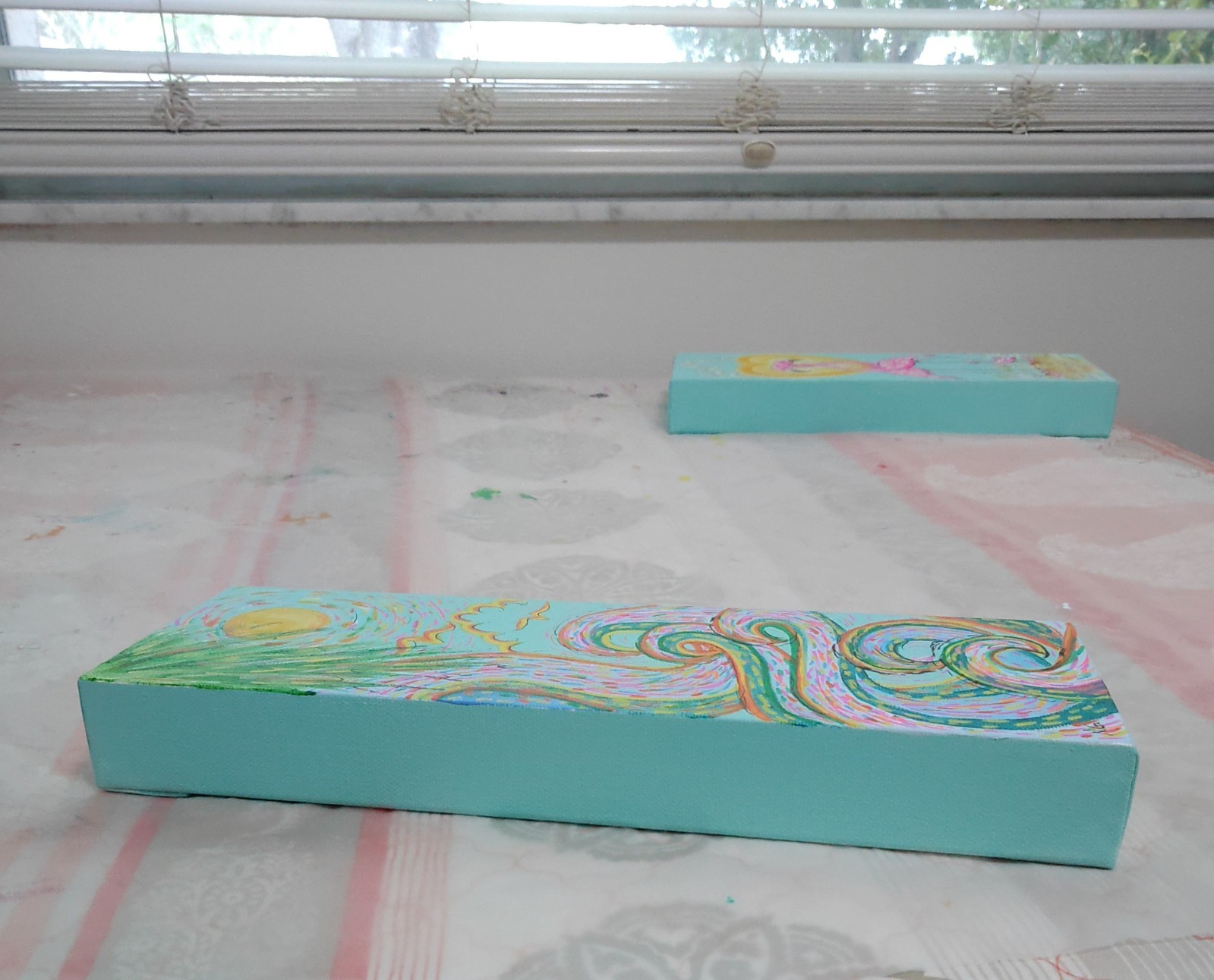 Original Expressionist Tropical Waves 12 x 4 Acrylic Painting
