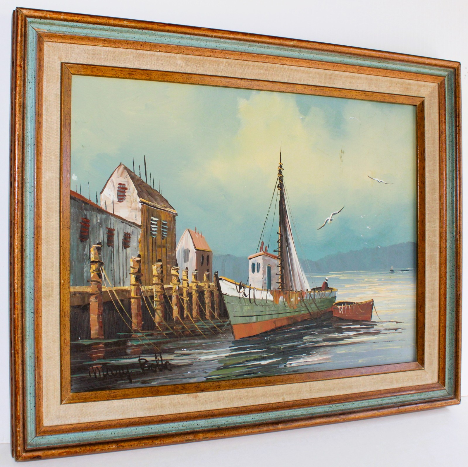 MARY BOTTO 1913-2002 VINTAGE OIL PAINTING CARDBOARD SIGNED HARBOR BOAT PORT PIER
