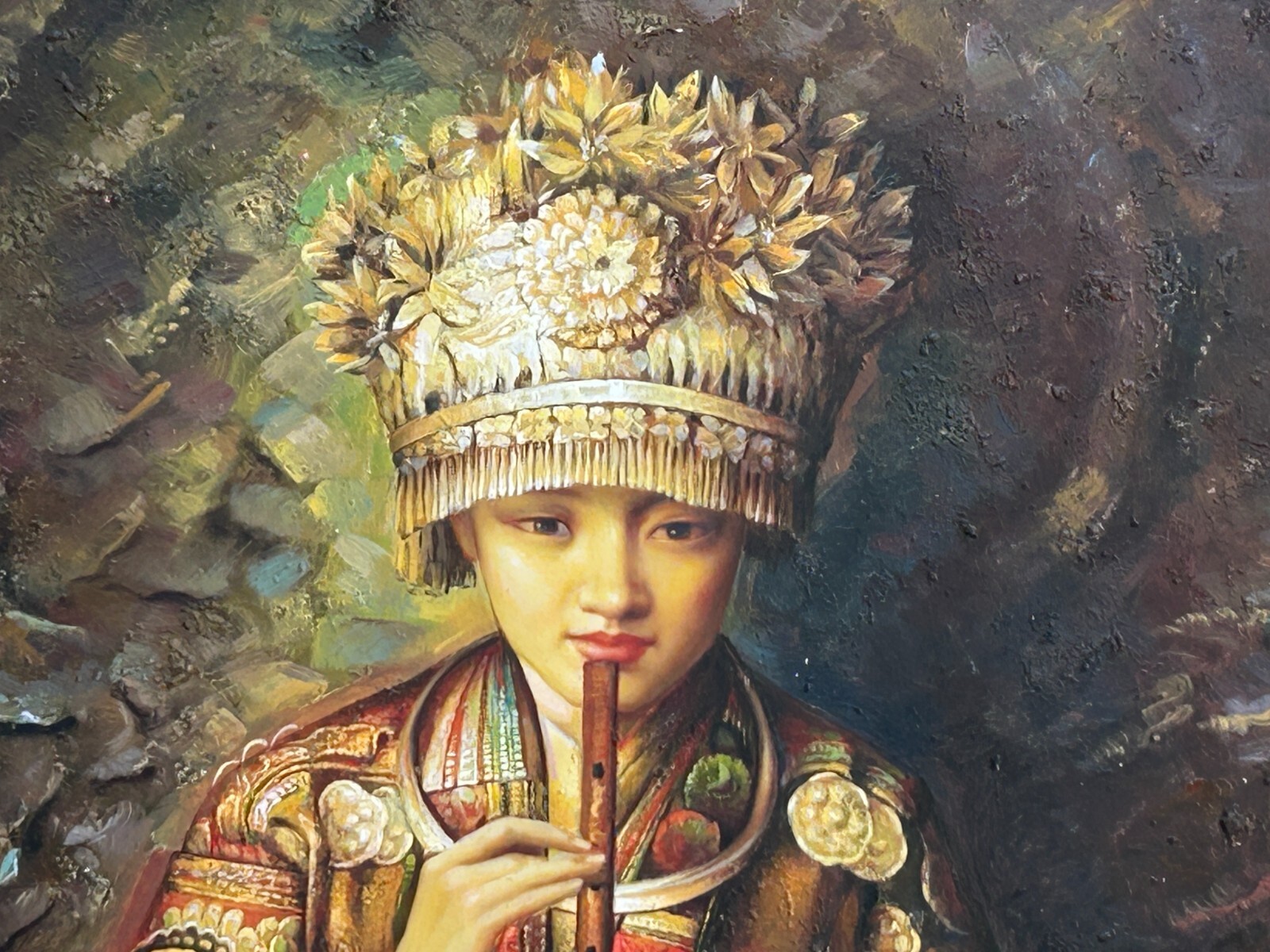 Chinese Miao Tribal Dressing Lady Portrait Oil Painting Canvas Framed Art ws4296