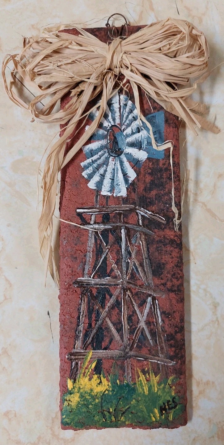 Vtg Hand Painted Old Windmill 8×2.5” On Brick Veneer Signed NES Farm House Style