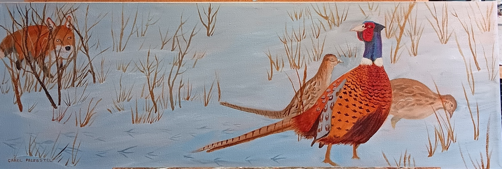 Original oil painting wildlife fox pheasant winter prey Carol Proebstel