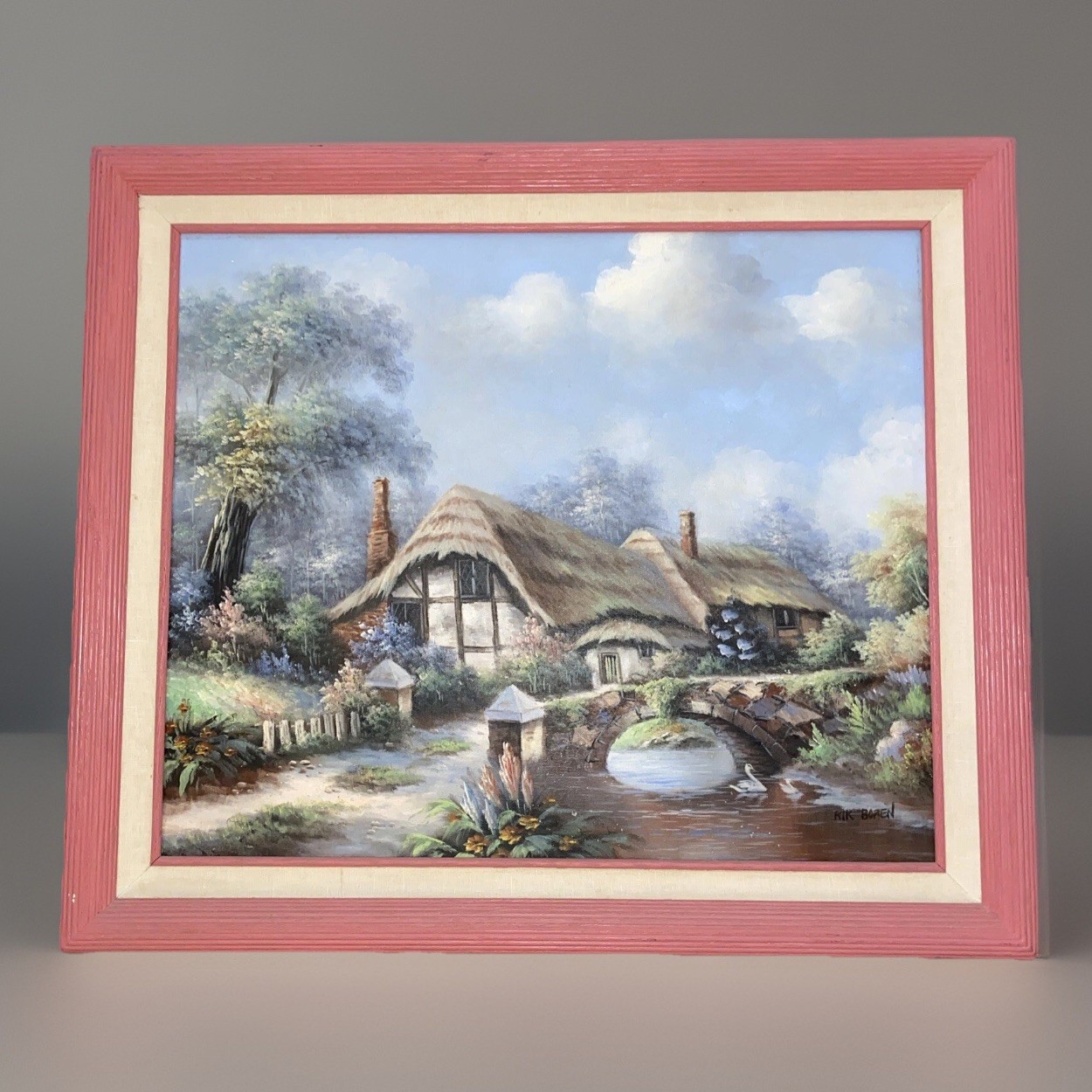 Vntg Oil Painting Cottage Scene by Rik Boren Signed Canvas Framed 29” X 25” Rare