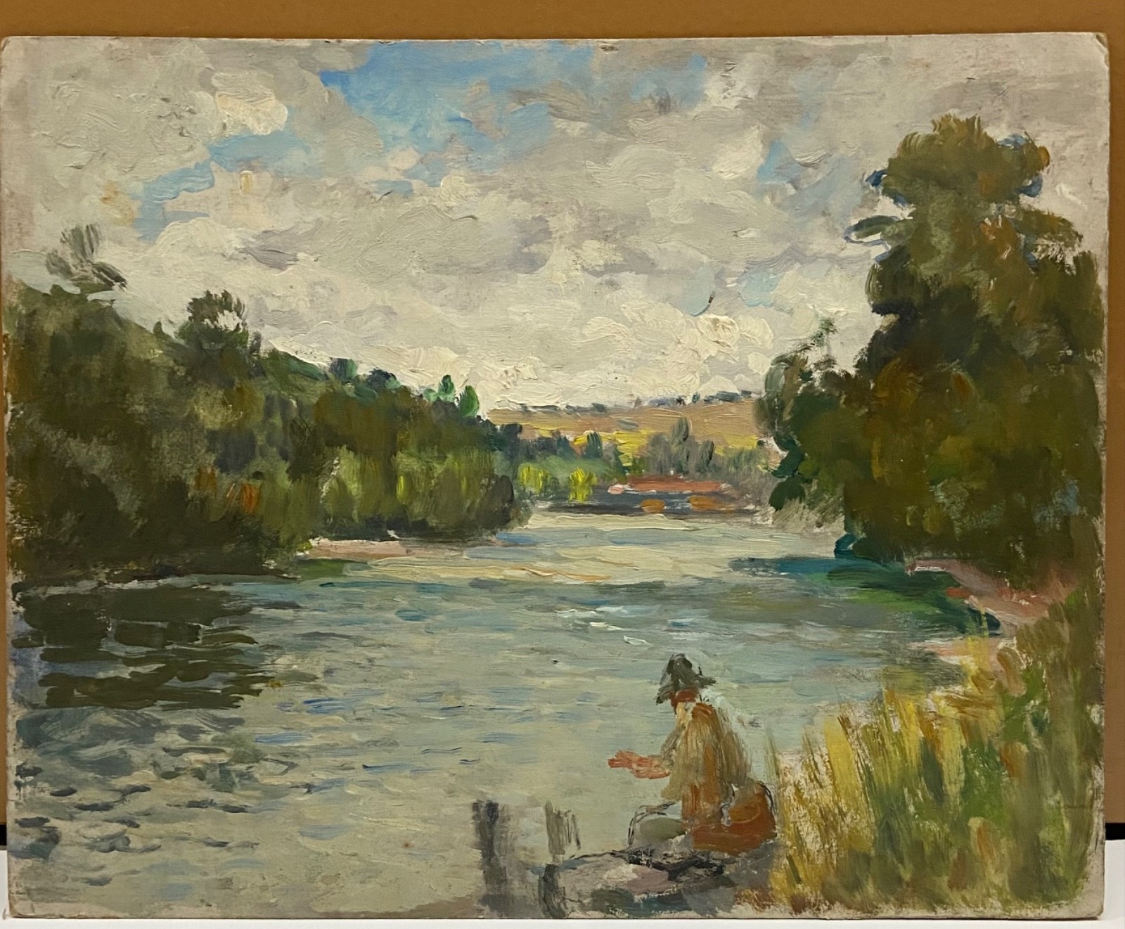 vintage oil on card board man fishing in imptessionist