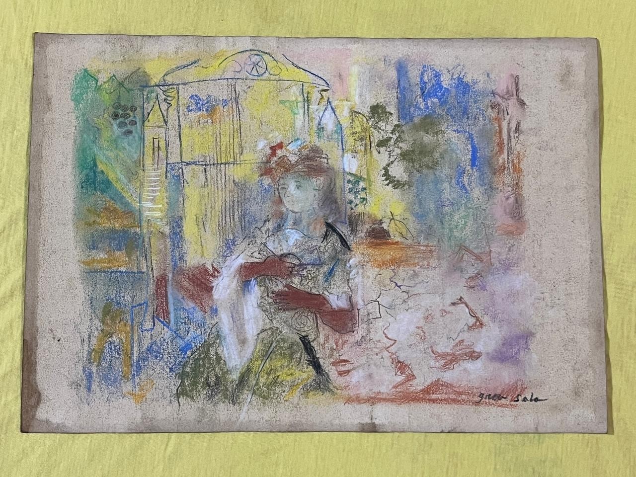EMILIO GRAU SALA drawing and painting on old paper signed stamped vintage