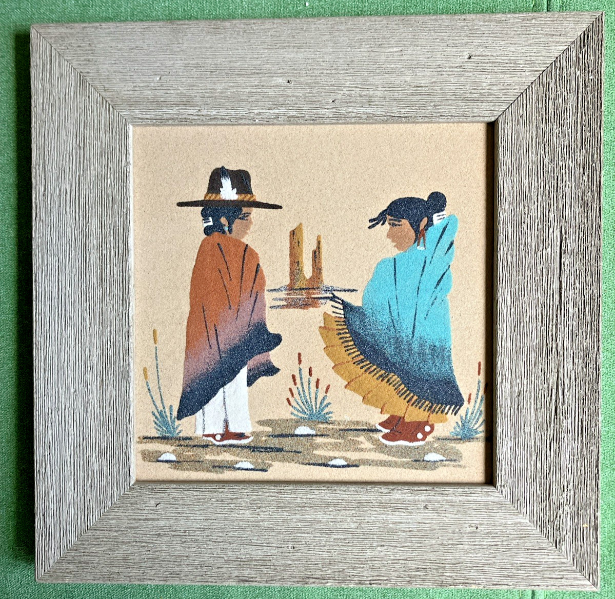 1982 Navajo Boy & Girl Sand Art Painting Signed Eloise Allen Framed 11.5″x11.5″