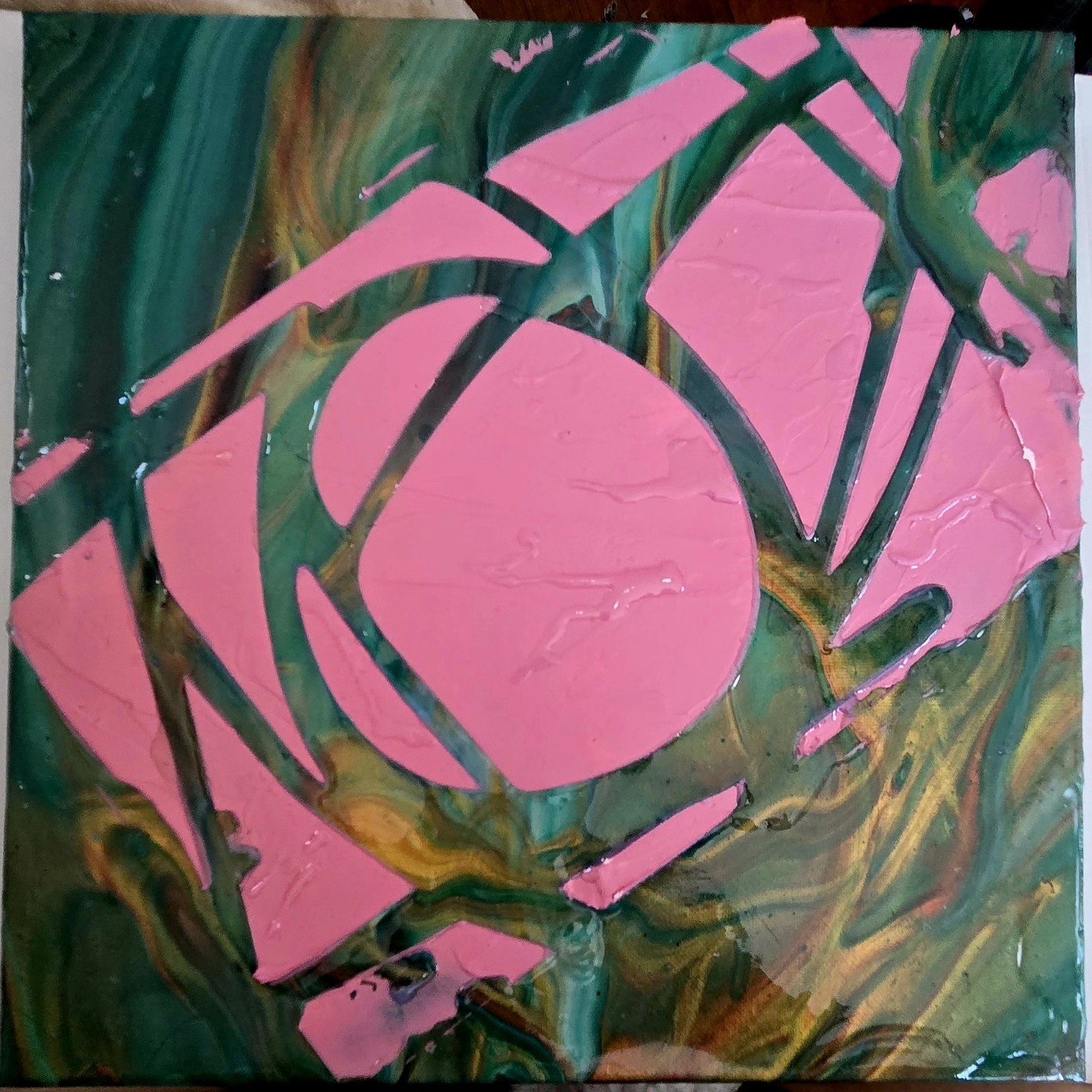 Abstract Geometric Circle Painting Pink & Green Marbled Background Unframed Art