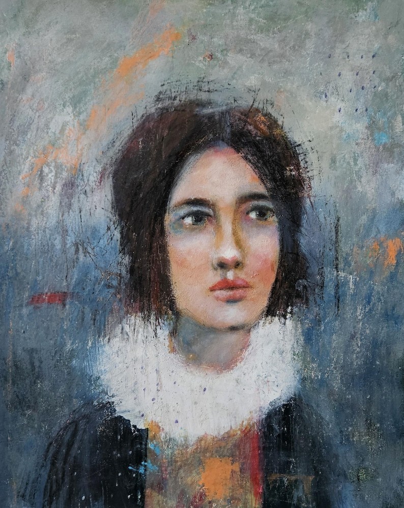 Original Expressionist Painting Art Abstract Woman Face Portrait 17×14