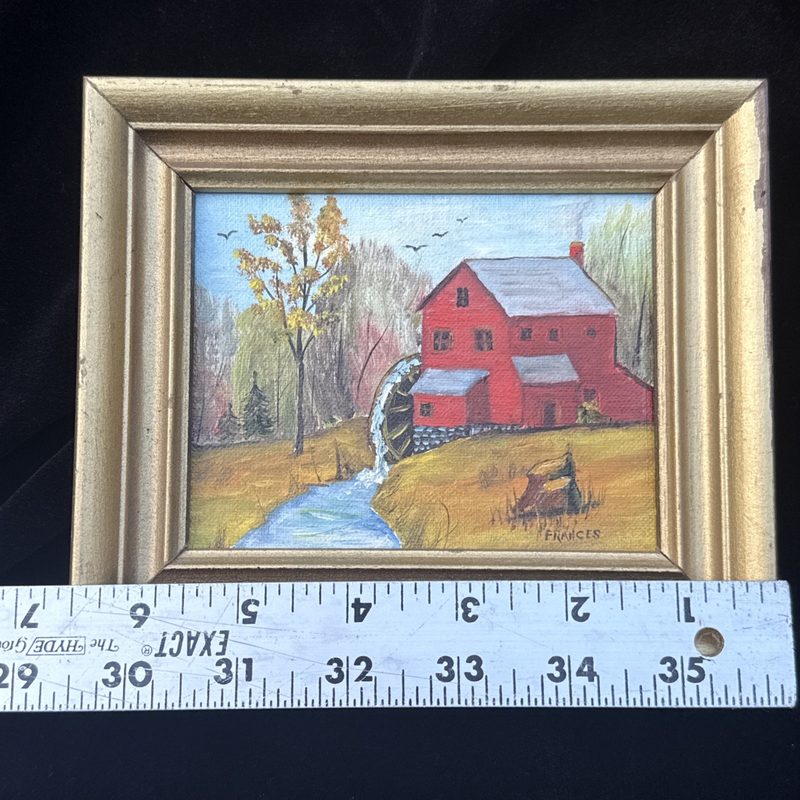 Vintage 1977 Original Painting Red Grist Mill Waterwheel Framed Folk Art Signed