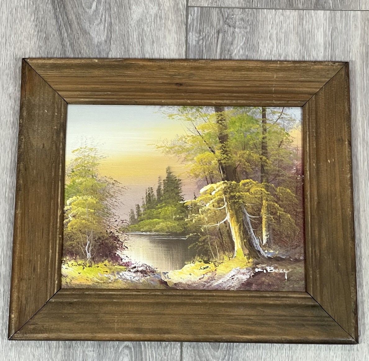 Vintage Original Signed K. Boxy Lake Landscape Oil Painting Rustic Wood Frame