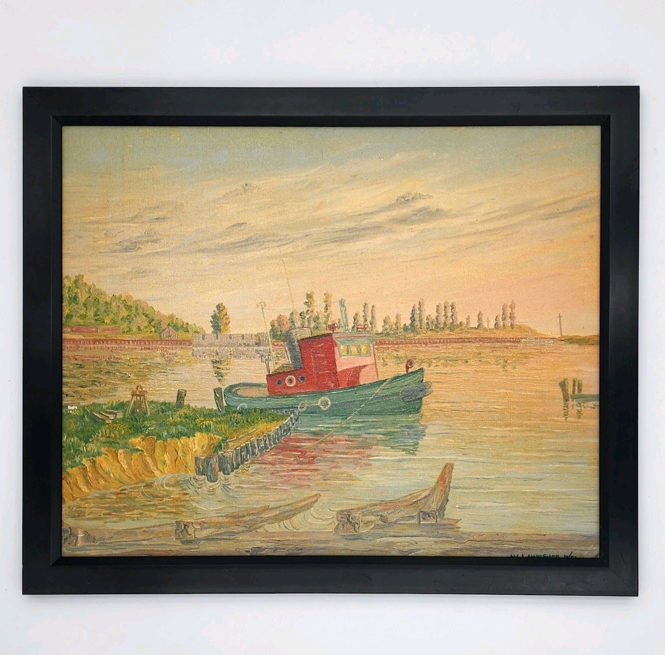 Vtg 1951 Tug Boat Oil Painting W. Lawrence Signed 16×20 MCM Nautical Harbor Art