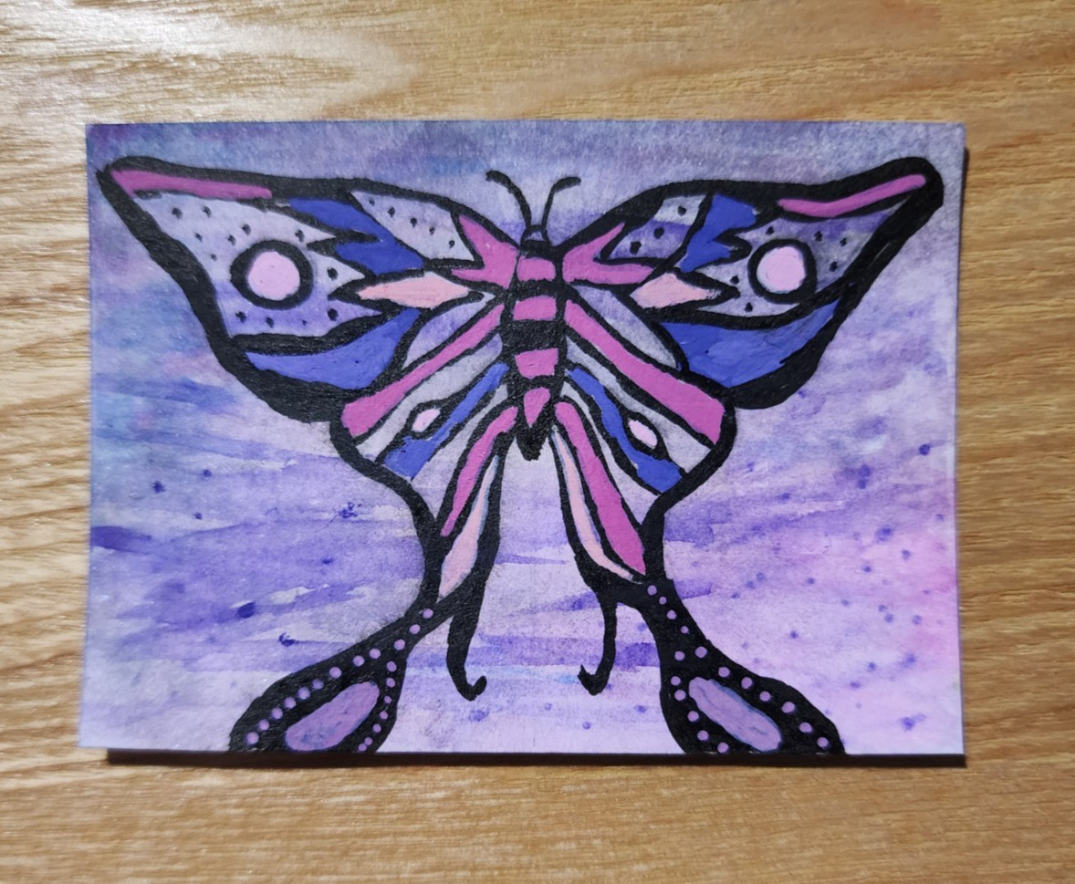 ACEO Luna Moth Original Watercolor Painting Purple Pink Whimsical Fantasy