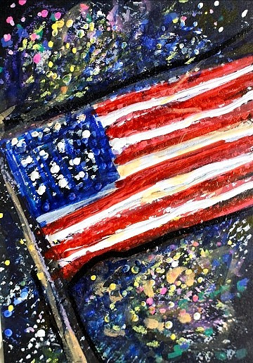 ACEO Original Painting USA FIREWORKS Summer Night American Flag July 4 ATC ART