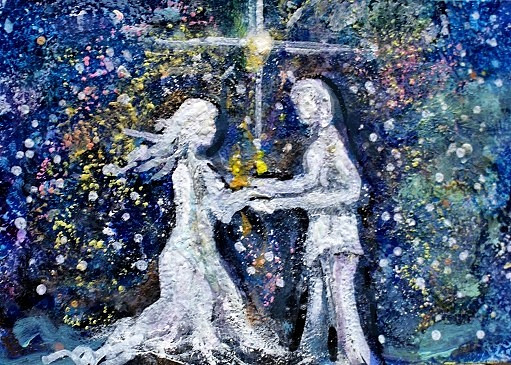 ACEO Original Painting TWIN FLAME Universal Energy Soul Union Stars Love ATC ART