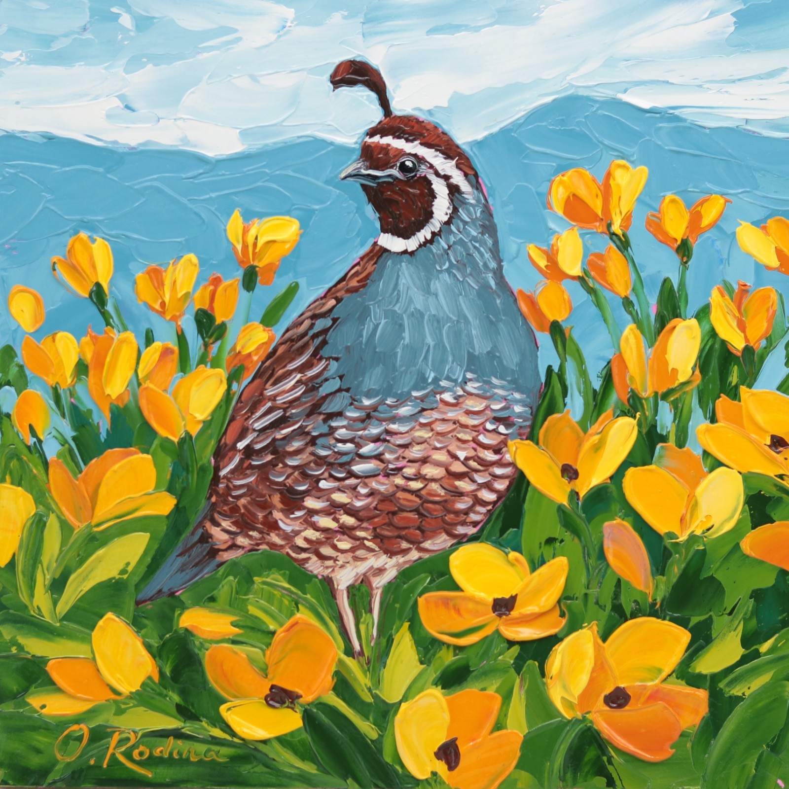 Quail Oil Painting California Poppy Flower Art Original Impasto Bird textured