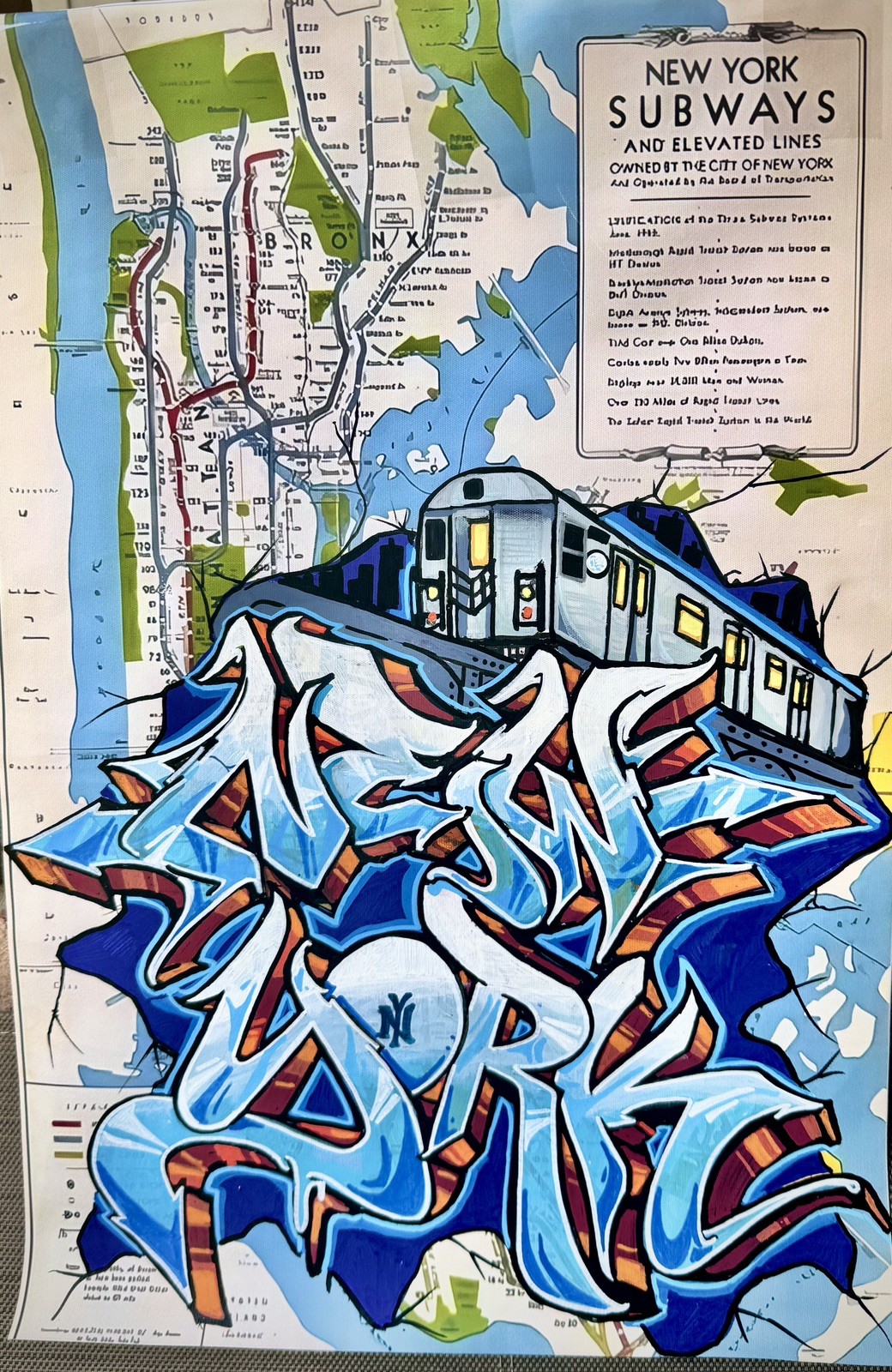 Hand Painted Graffiti Art on NYC Subway Map 16×24 – One of a Kind Deem One Bronx