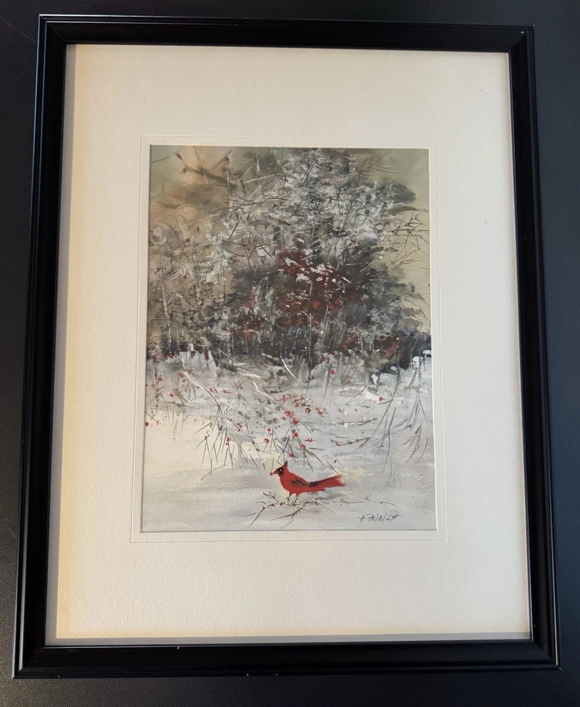 Cardinal Bird Winter Scene Original Watercolor Painting Sign Ann Pribish 19×15”