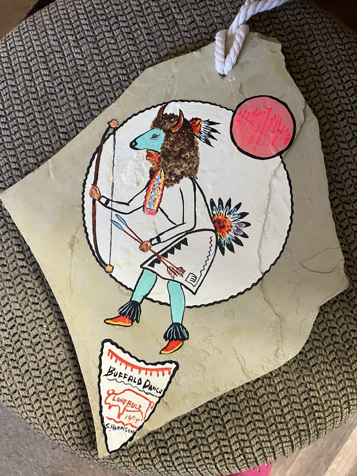 Buffalo Dance Vtg Native American Painting Slate Lone Bull Stanley Harrison 1975