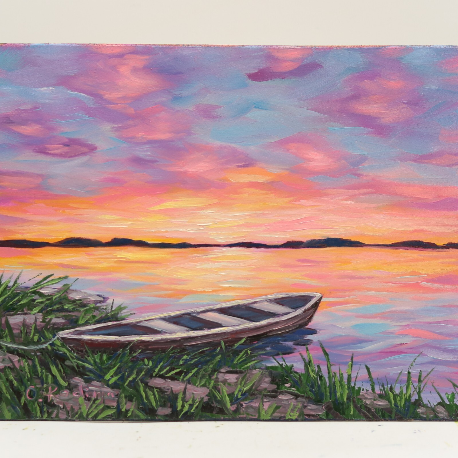 Sunset Lake Boat Painting Oil Original Canoe Painting Evening Sky Scenery Wall