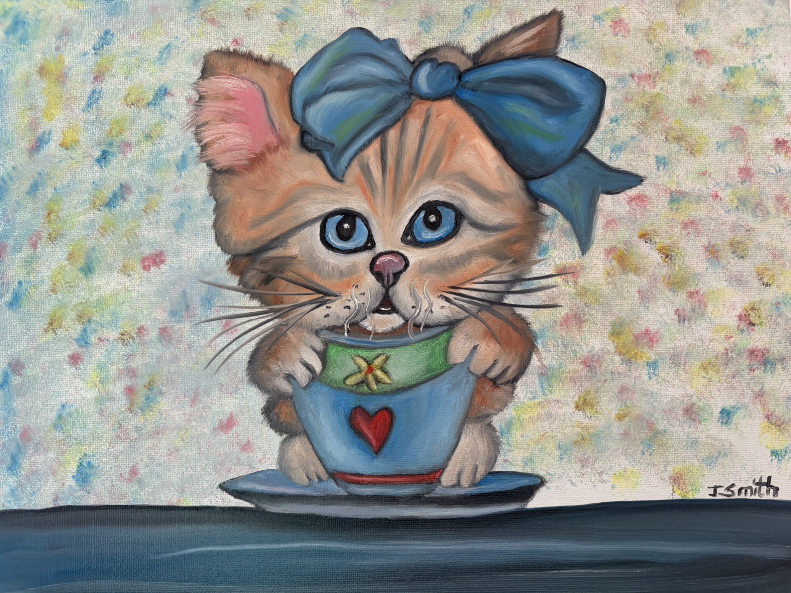 Original oil painting 11 x 14 inches cute and sweet cat kitten with coffee cup