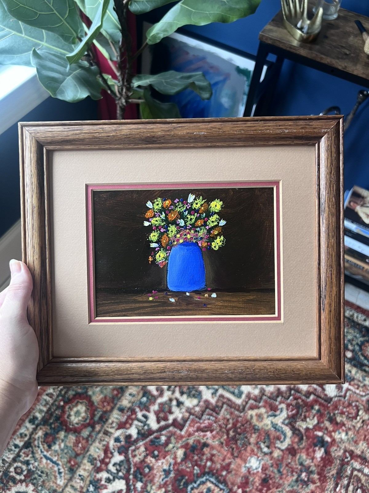 NOT A PRINT original oil painting, antique wood frame, whimsical flower vase
