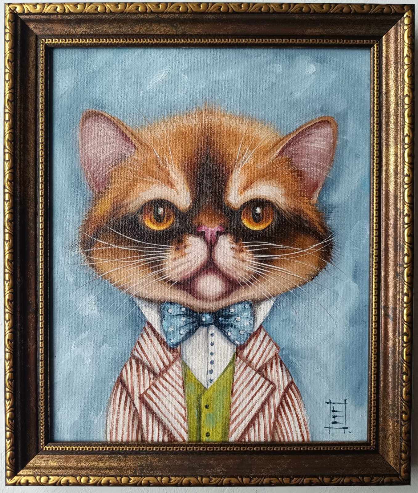 Dapper Tom Cat Original Oil Painting Framed Wall Art 8×10 in