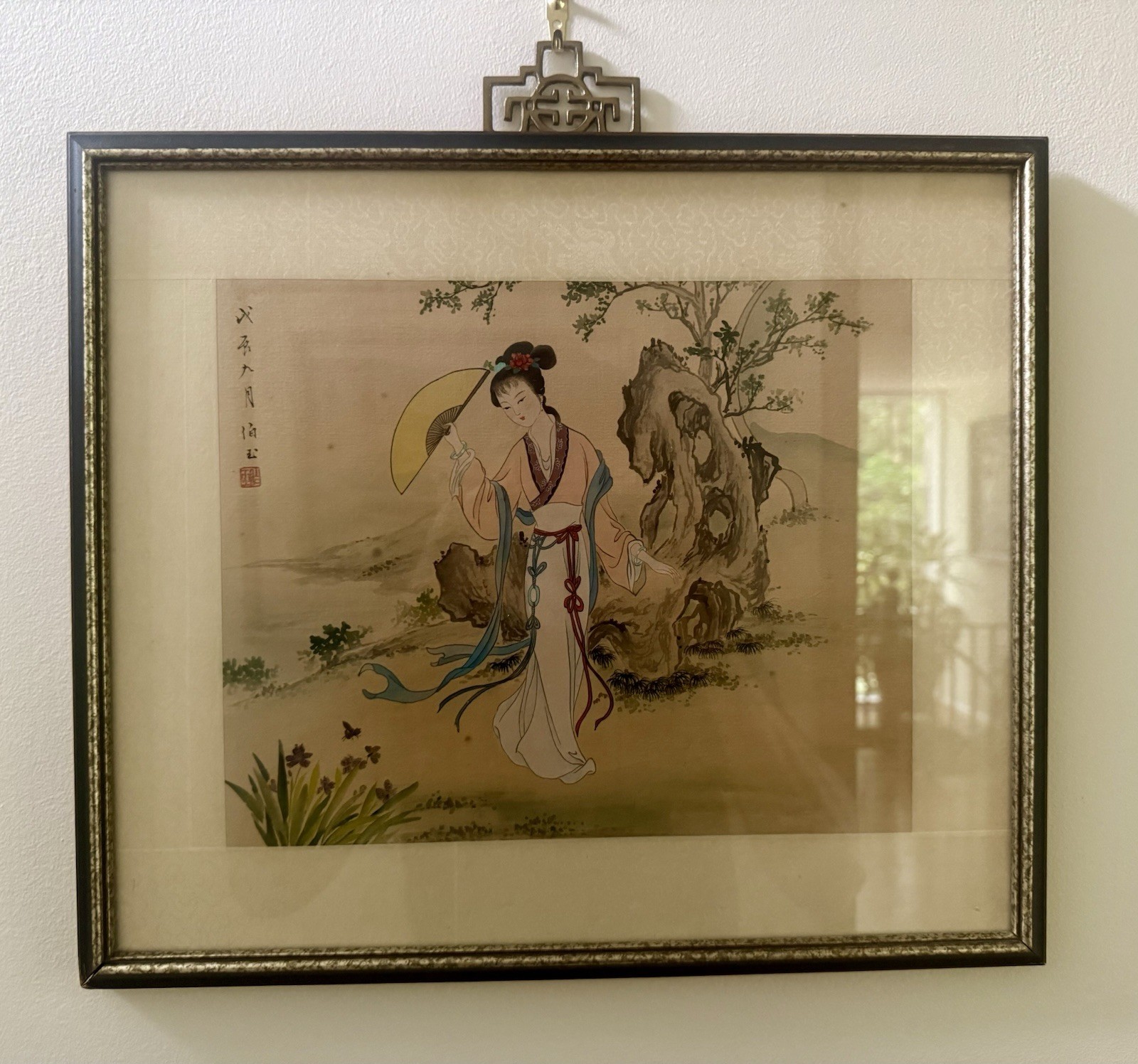 Antique LEE TINGHUA (20th C., China) Signed Ladies In Garden Framed Painting