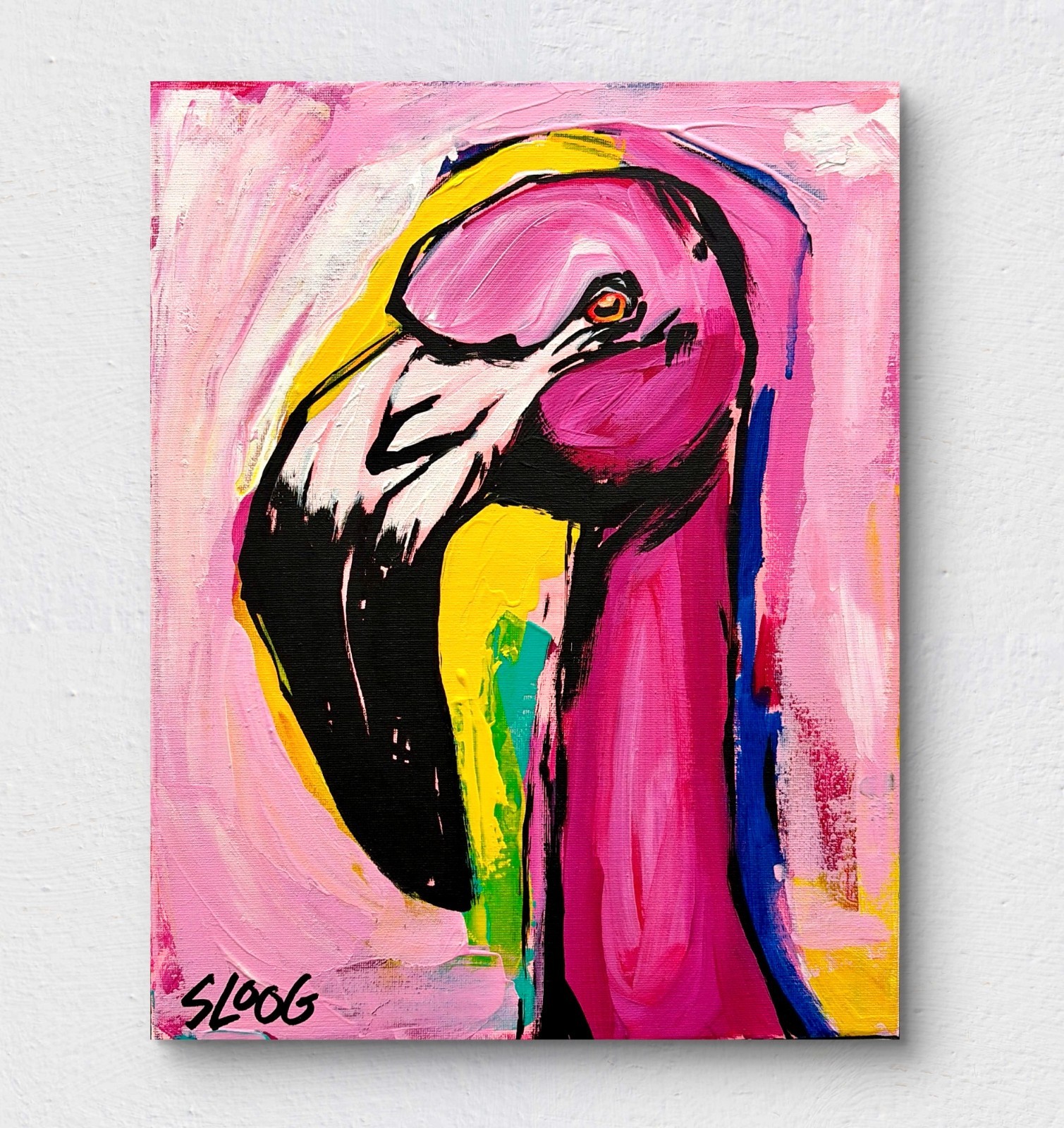 Sloog Original Art Bright Wild Expressionism Painting on Canvas 11×14 Flamingo