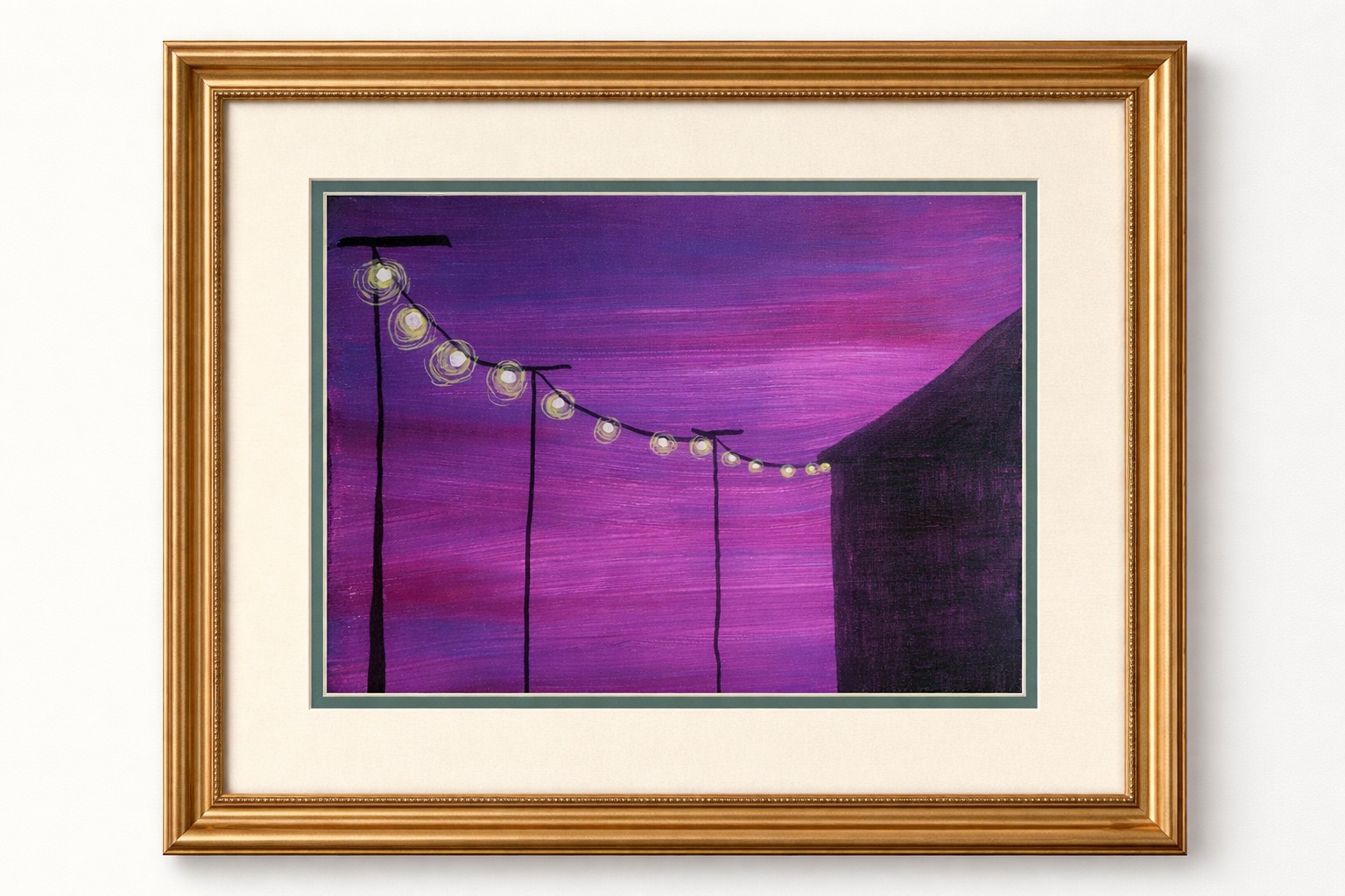 Purple Sunset String Lights Nocturn 11×14 Original Acrylic Painting Nite Sky Art