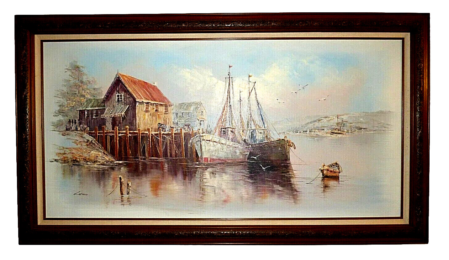 Orginal Framed Oil Painting Of New England Fishing Harbor By John Luini