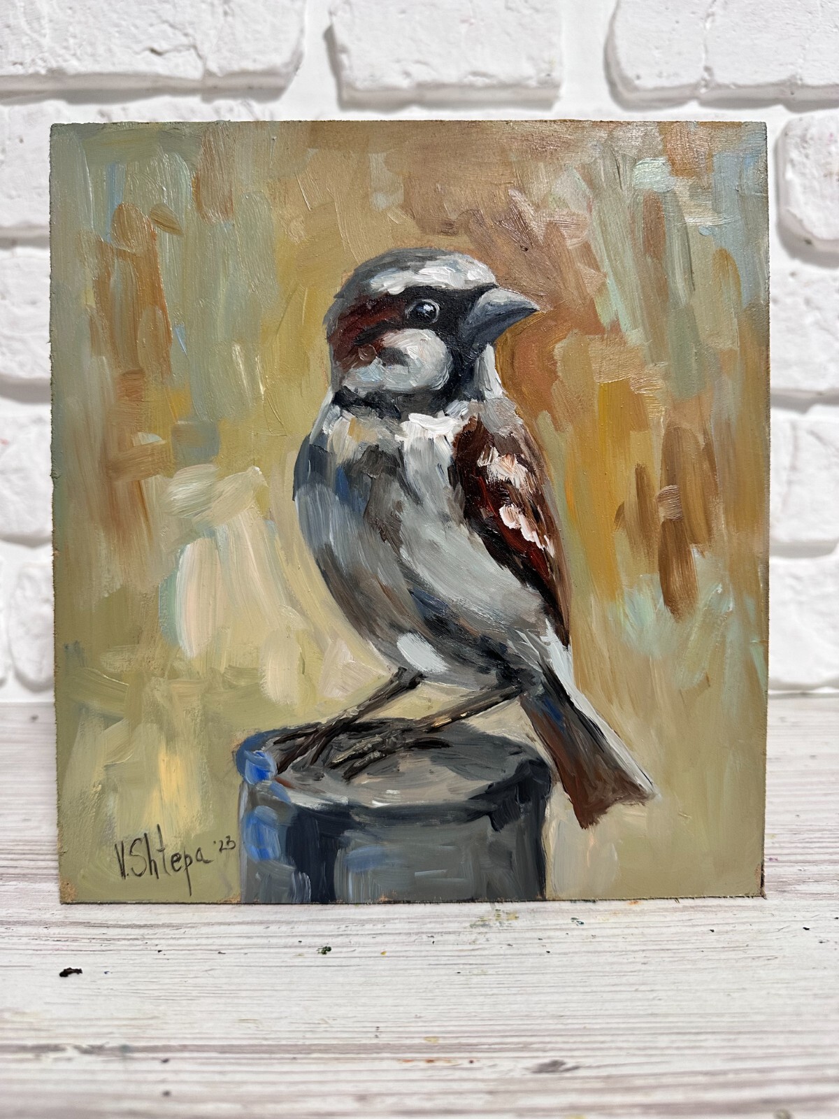 Original Oil painting Bird Sparrow Collectible Landscape ART Signed UKRAINE