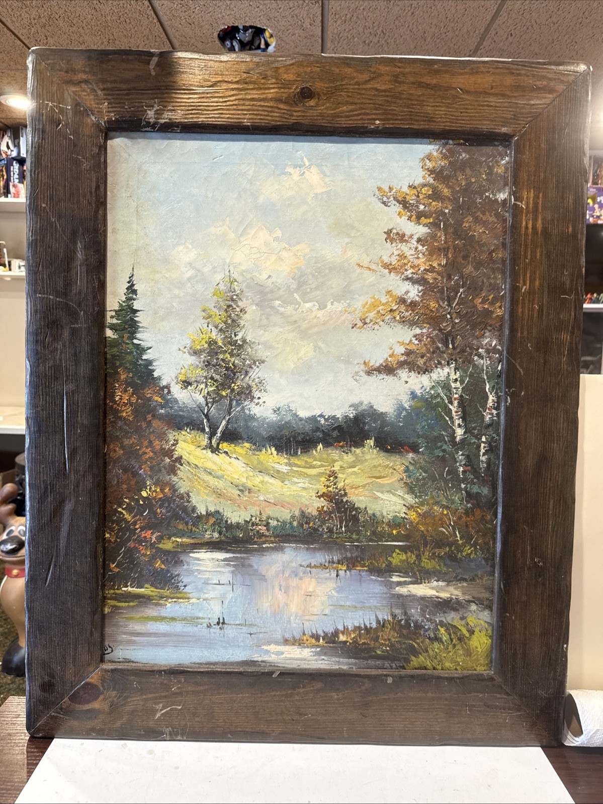 Real Signed Oil On Canvass Painting Sailboat Lake Stream Forest Wood 30×24”