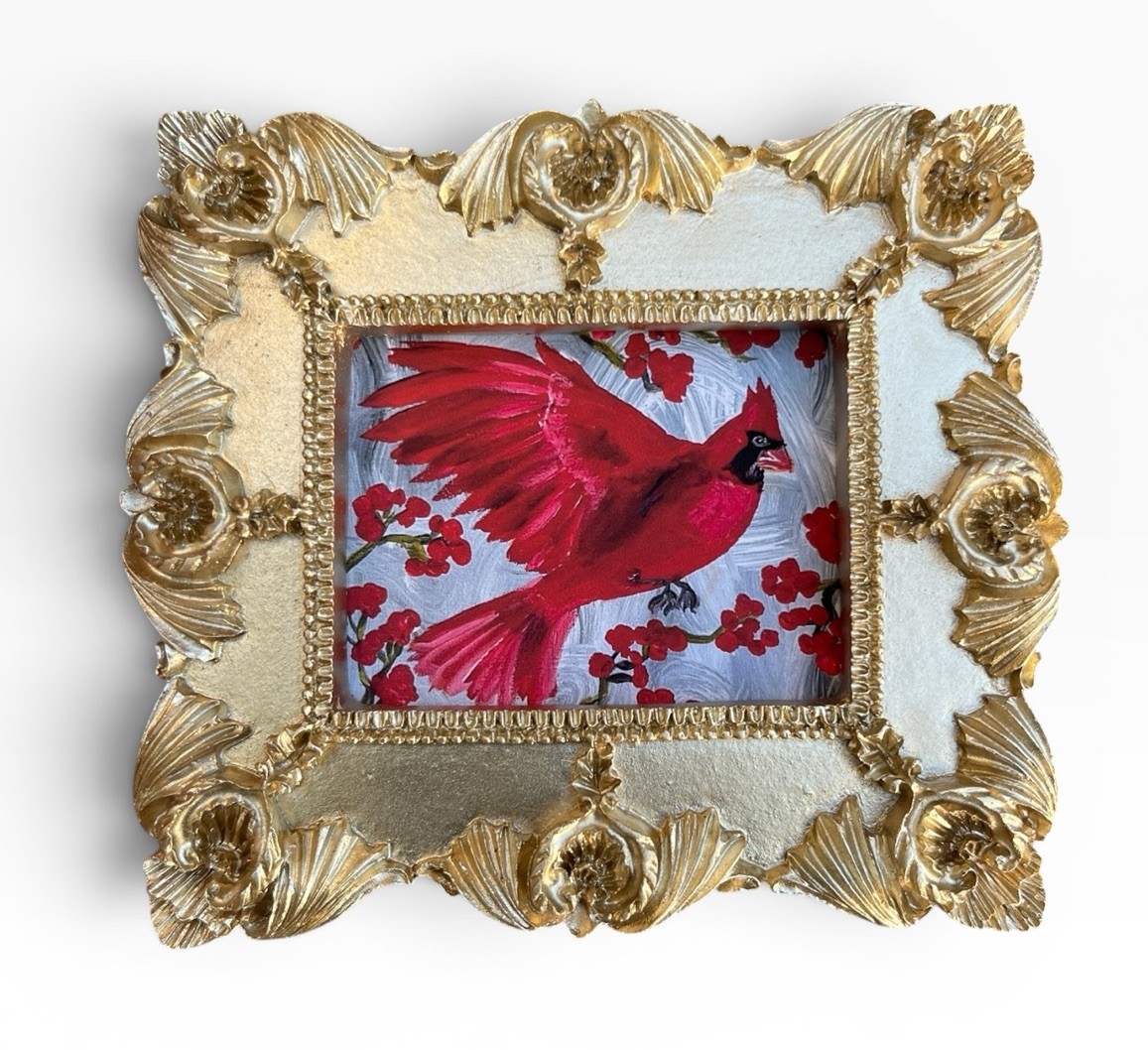Red Cardinal bird watercolor print in mini gold vintage style ornate frame