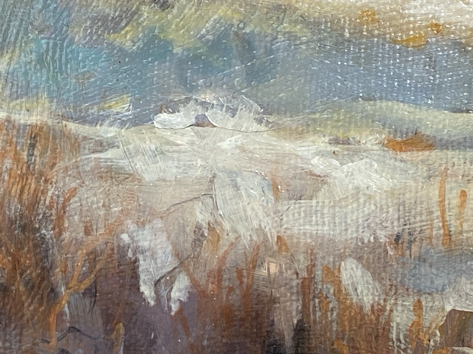 Original Oil Painting, Winter Landscape; Trees & Creek, Signed J Fowler 25″x21″