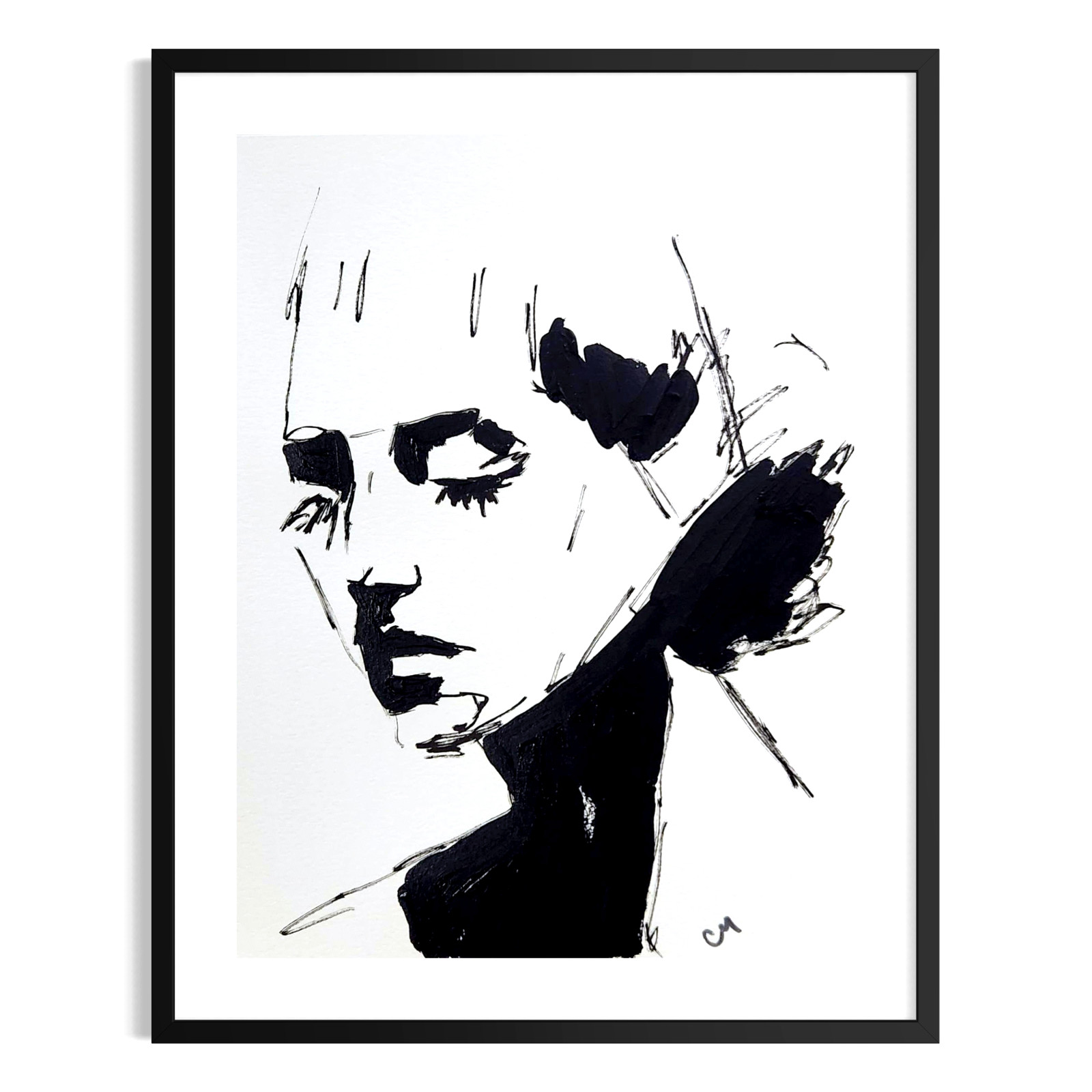 Original Minimalist Woman Portrait 9×12 Painting Black White Wall Art Paper
