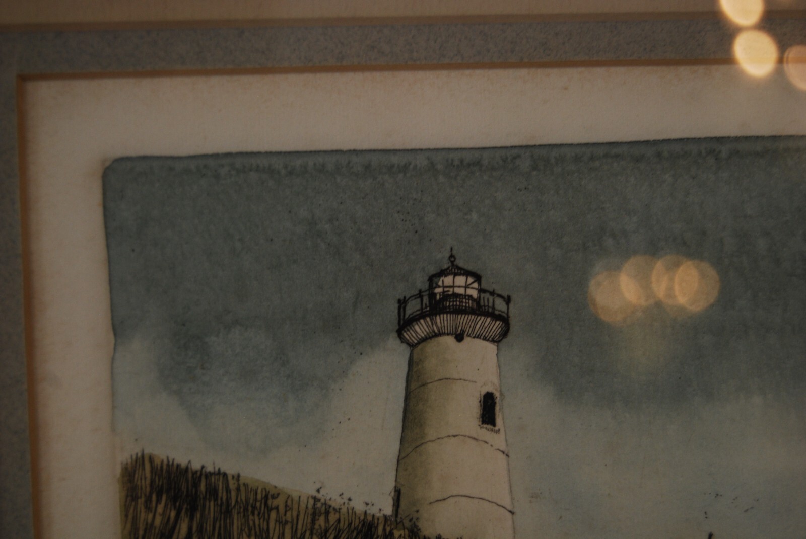 VTG FRAMED FRANK KACZMAREK SIGNED A/P COLORED ETCHING «STORM FENCE» LIGHTHOUSE