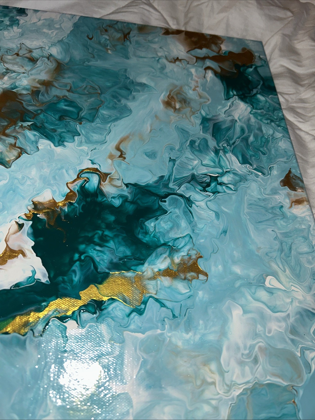 24×12 Handmade Canvas Abstract Oil Painting Blue Gold & White