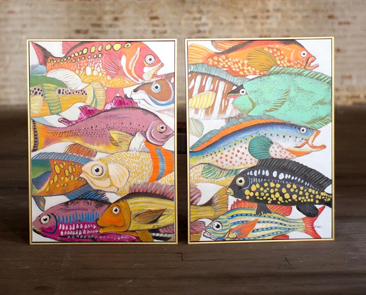 Coastal Colorful Fish Oil Paintings Wall Art Hand Painted Gold Framed ~ Set Of 2