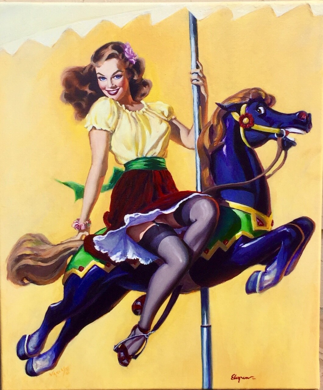 Gil ELVGREN Pinup CAROUSEL HORSE Original Painting UPSKIRT Pin-Up Stockings