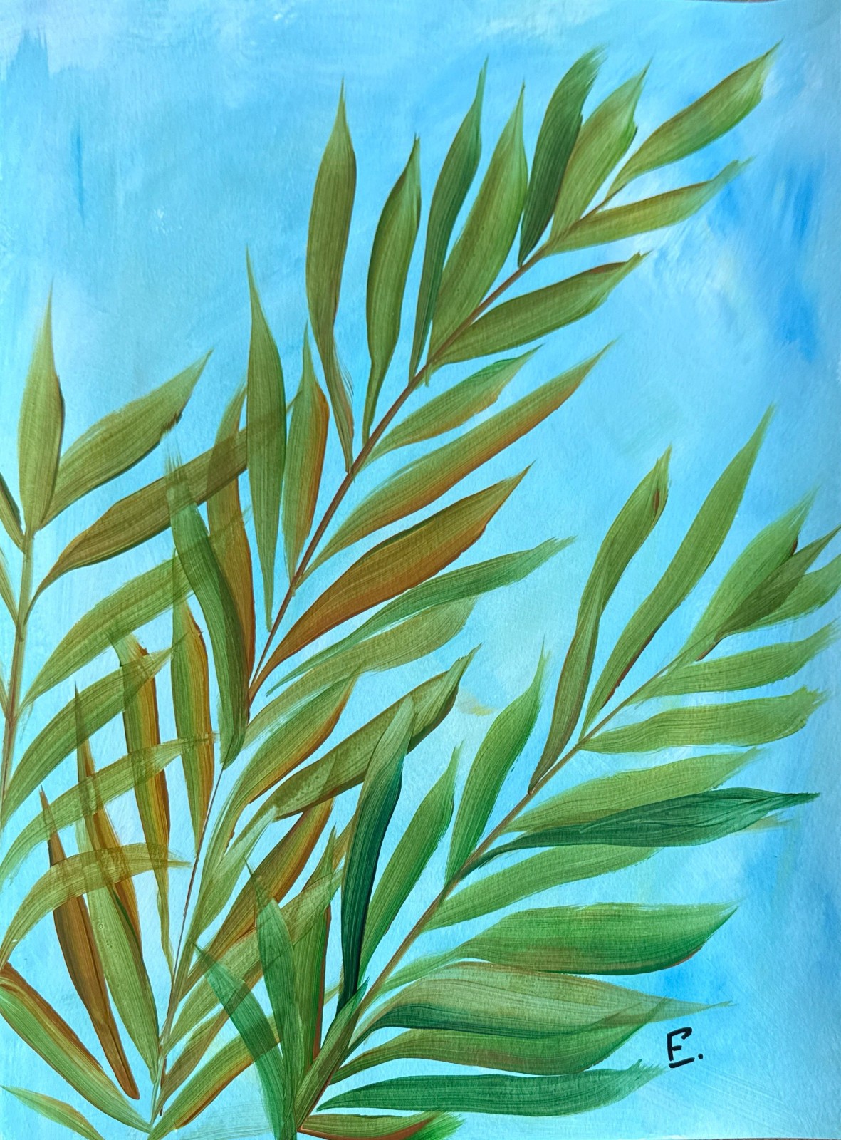 Colorful Original Abstract Acrylic Palm Painting «Sunbath» Signed Paper 11×14