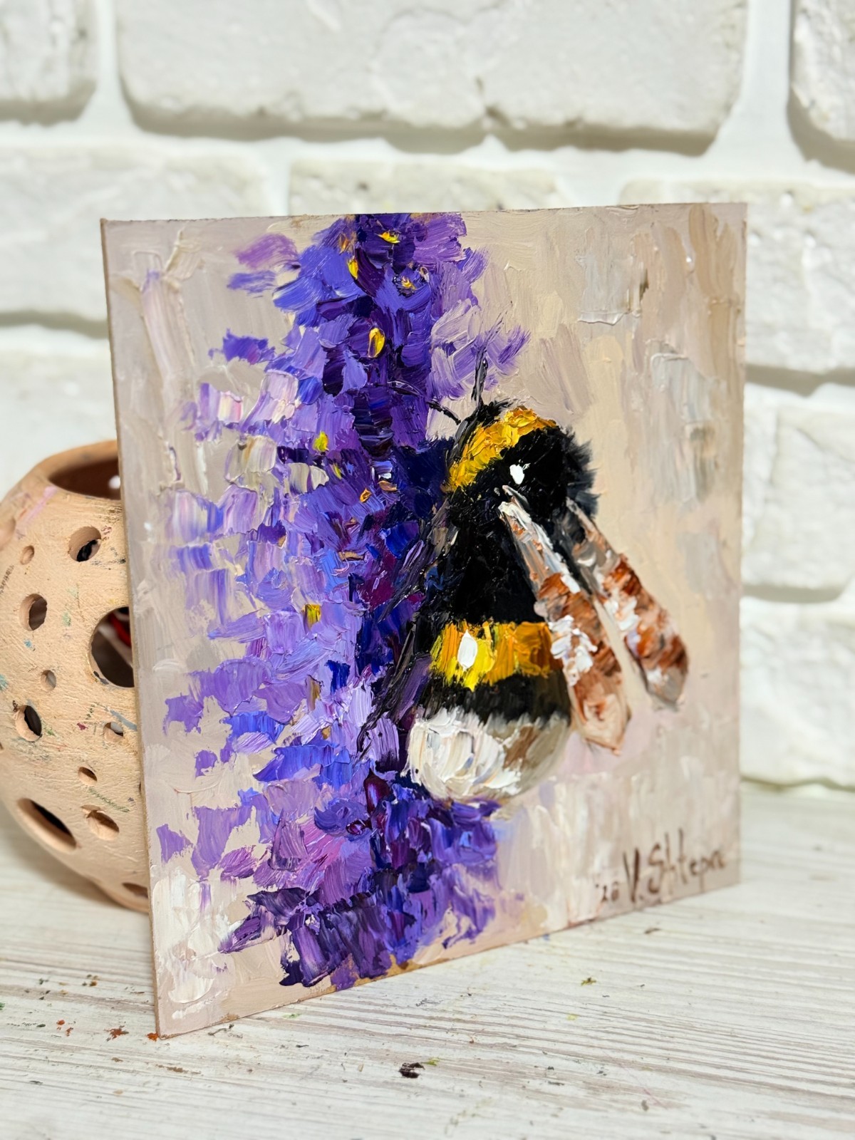 Original Painting Bumblebee Honey Bee Impasto Flower Oil Painting Signed Art