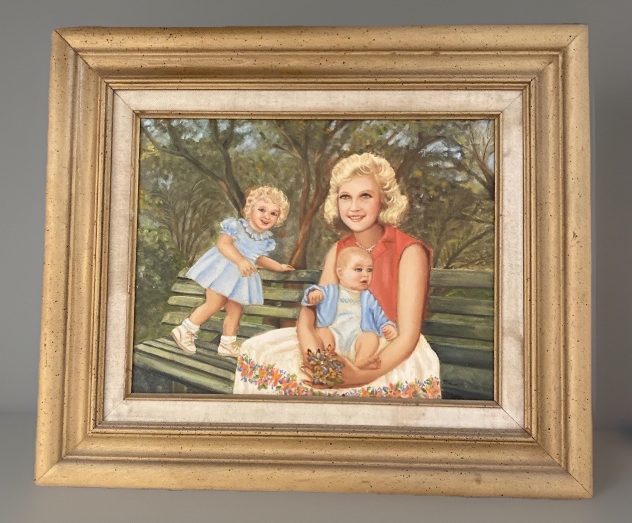 Vintage Portrait Painting Family Mom Baby Daughter In Park 17” X 20” Happy!