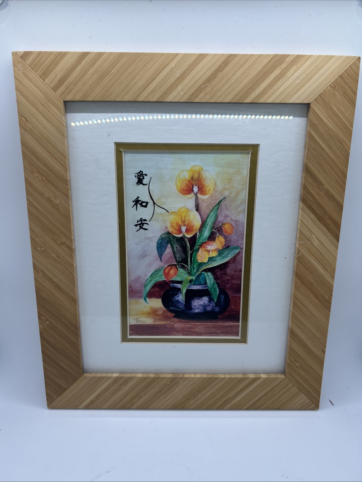 Orchid Flower Watercolor Painting Signed Bamboo Framed Love Harmony Peace Art
