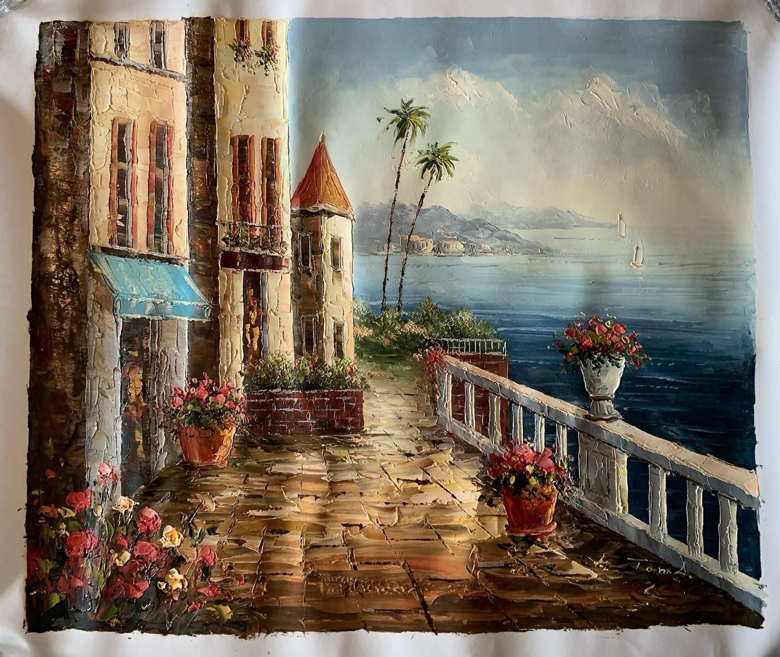 Original Oil Painting On Canvas “Mediterranean Villa” Signed By Artist Tom L