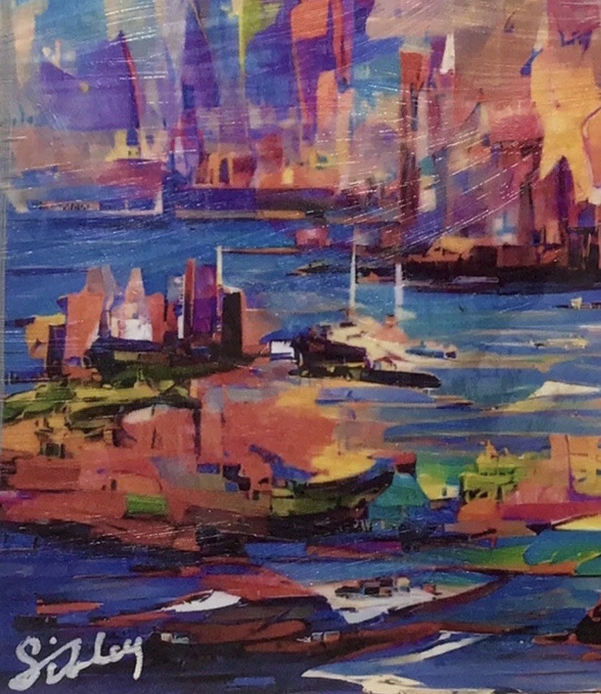 NEW YORK HARBOR Miniature Original Art 2.5”»x3.5” Signed WITH MINI WOOD EASEL