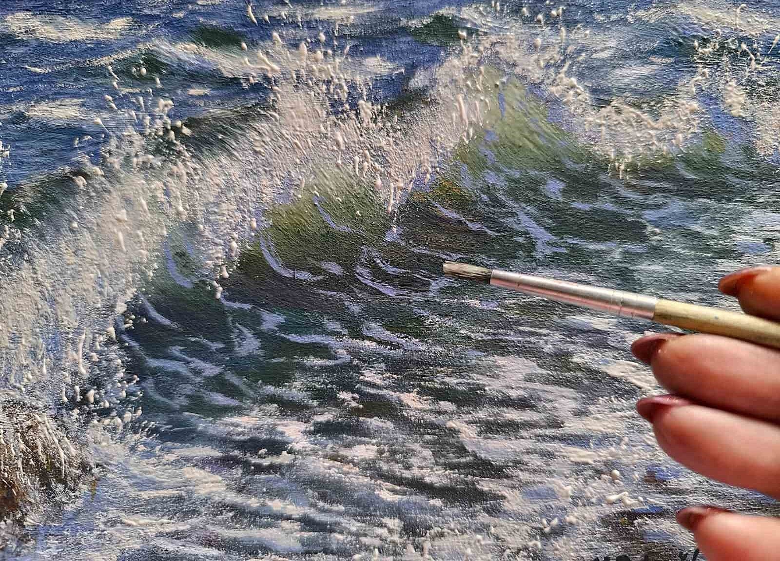 SEA WAVES TEXTURED IMPASTO Original Arts OIL Painting Landscape Gift Seascape A5