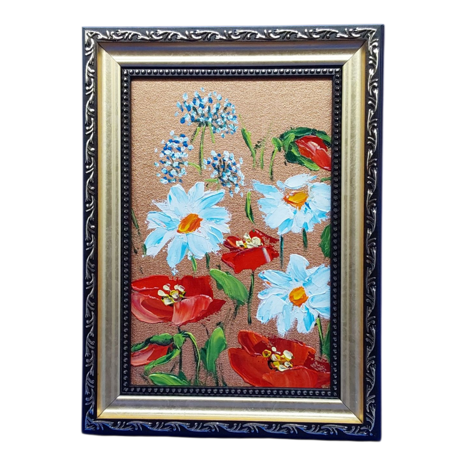 Wildflowers Poppies Daisies Original Painting Gold Framed Wall Art Handmade