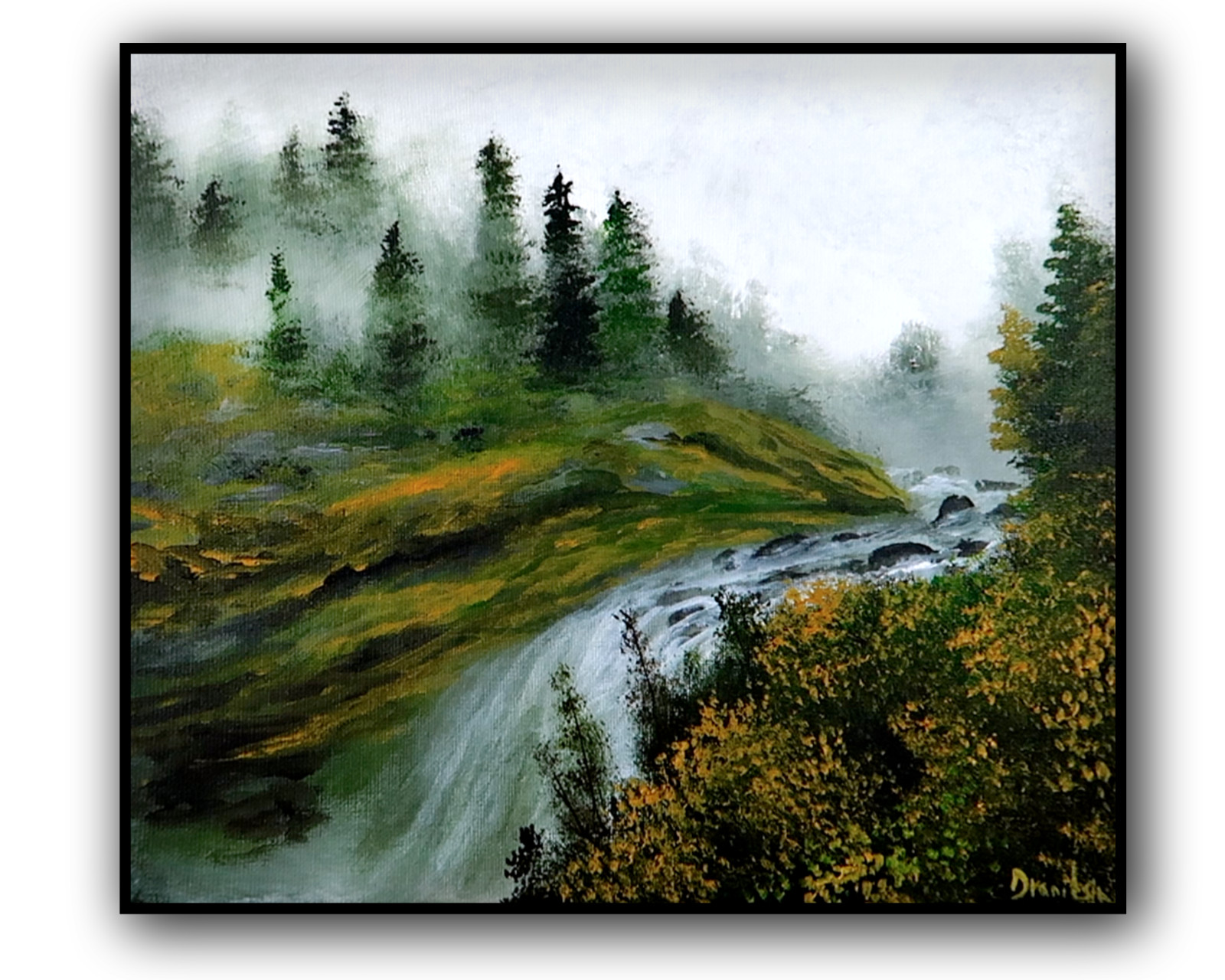 Original Acrylic Landscape Painting 12×14″ MISTY FOREST WATERFALL Wall Art